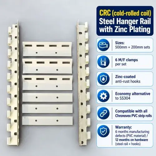 CRC (Cold Rolled Coil) Metal PVC Strip Curtain Hanger — Hardware Hook-Ons Set (500 mm + 200 mm x6 M/F) | Chronovex