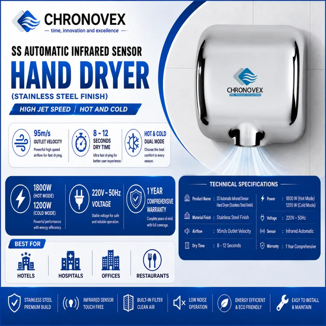 SS Automatic Infrared Sensor Hand Dryer (Stainless Steel Finish) | High Jet Speed Hot & Cold | Chronovex