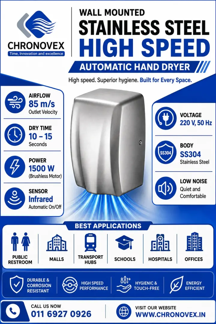 Wall-Mounted Stainless Steel High-Speed Automatic Hand Dryer | Chronovex