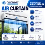 Aluminium body air curtain above a glass door – 10 ft height coverage, 23 m/s velocity, 2,800 RPM, sizes 2 ft to 7 ft