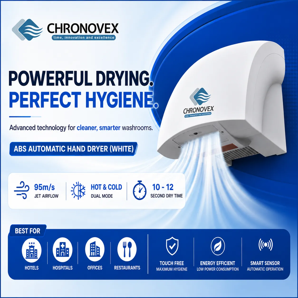 ABS Automatic Infrared Sensor Hand Dryer (White) | High Jet Speed Hot & Cold | Chronovex