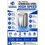 Wall-mounted stainless steel high-speed automatic hand dryer – 85 m/s airflow, 10–15 second drying, 1500 W brushless motor