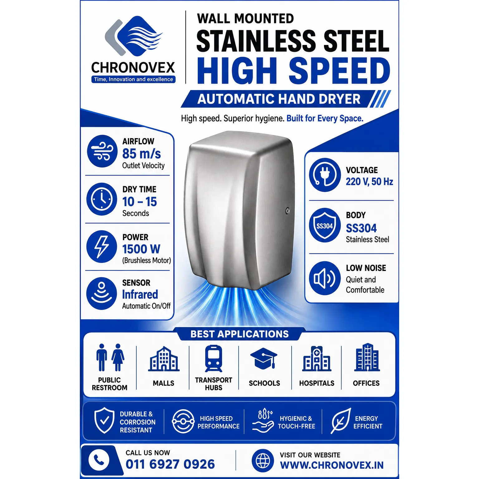 Wall-Mounted Stainless Steel High-Speed Automatic Hand Dryer | Chronovex