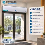 3 feet metal body air curtain, Advanced Series – above a glass entrance with a feature checklist