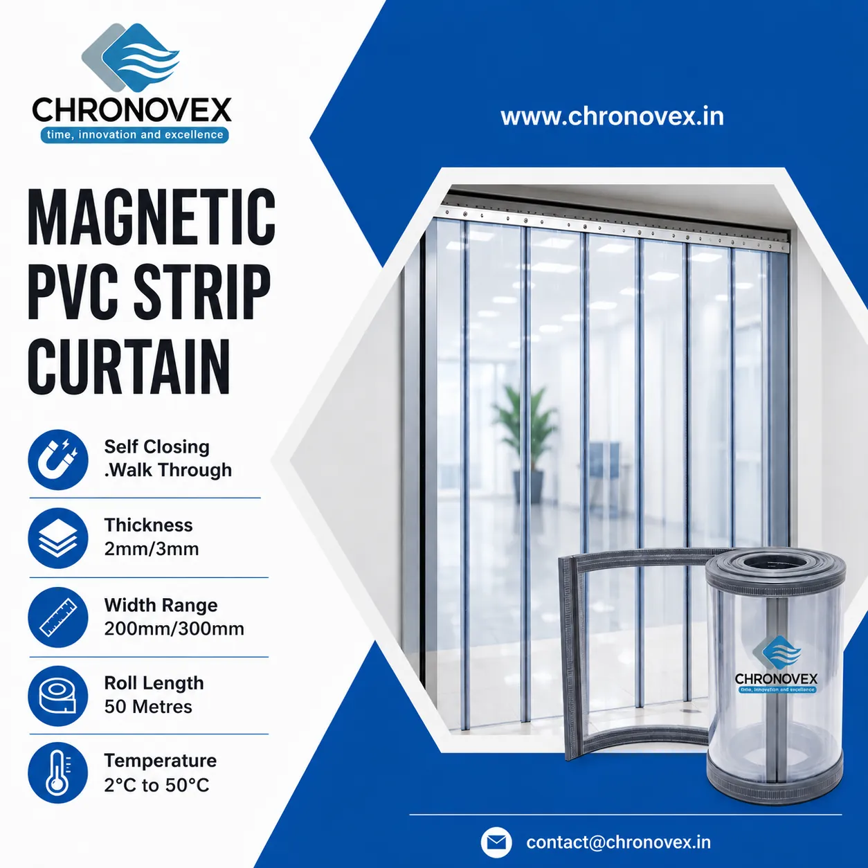 Magnetic PVC Strip Curtain | Self-Closing Industrial Curtain | Chronovex