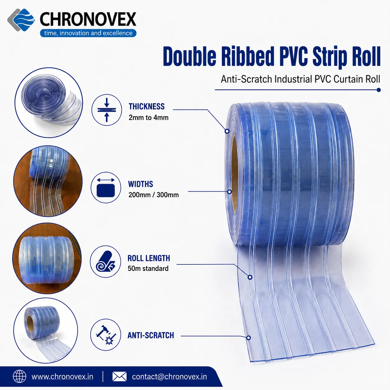 Ribbed PVC Strip Roll | Anti-Scratch Industrial PVC Curtain Roll | Chronovex